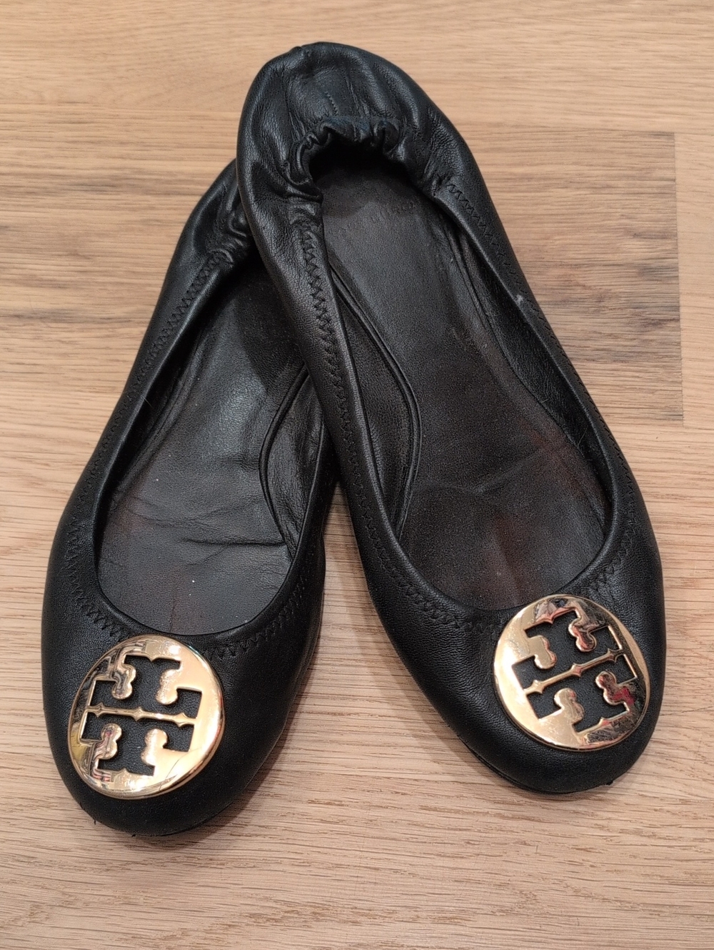 Tory Burch Black Leather Reva Ballet Flats with Gold Logo Medallions